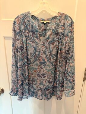 Fever Paisley Blouse Medium Sheer Boho Top Blue Teal Long Sleeve